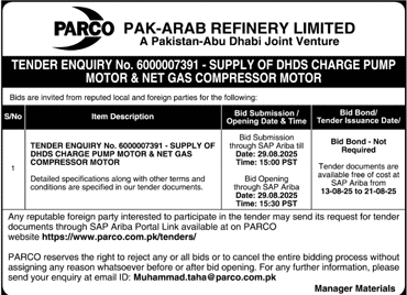 Pak Arab Refinery Limited Tender Notice